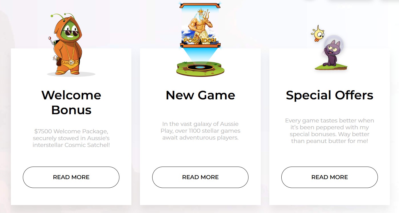 Aussie Play welcome bonus, new game promotions and special offers cards