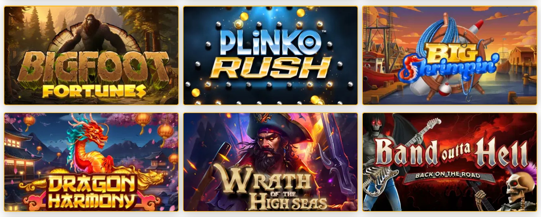 Aussie Play Casino pokies lineup including Bigfoot Fortunes, Plinko Rush, Dragon Harmony and Wrath of High Seas