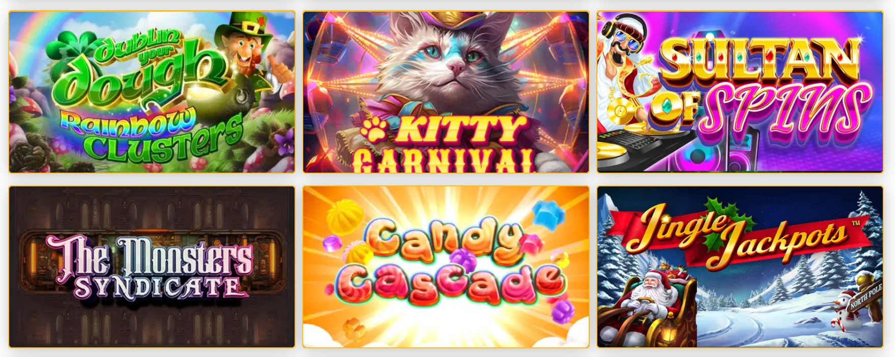 Aussie Play pokies library — Lucky Leprechaun, Kitty Carnival, Sultan of Spins, Candy Cascade, Jingle Jackpots